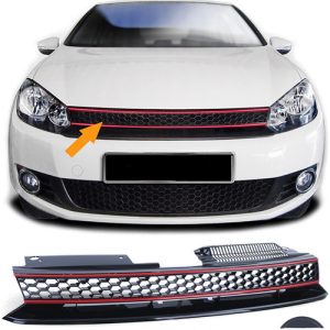 VW Volkswagen Golf VI - 6 GTI stílusú embléma mentes lakk fekete hűtőrács piros díszcsíkokkal