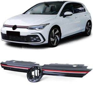 VW Volkswagen Golf VIII GTI stílusú lakkozott fekete világítós hűtőrács piros csíkkal (emblématartós)